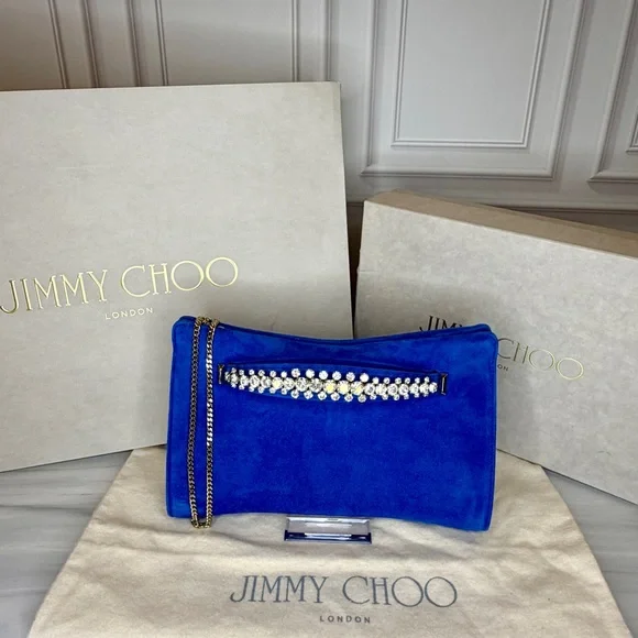 Jimmy Choo Venus Electric Blue Suede Clutch | Crystal Embellished | New - Picture 5 of 5